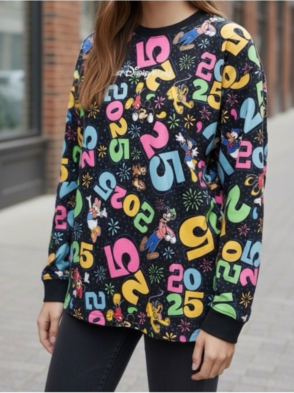 Disney Black Sweatshirt with Bright Pink, Yellow, Blue & Green Graphics